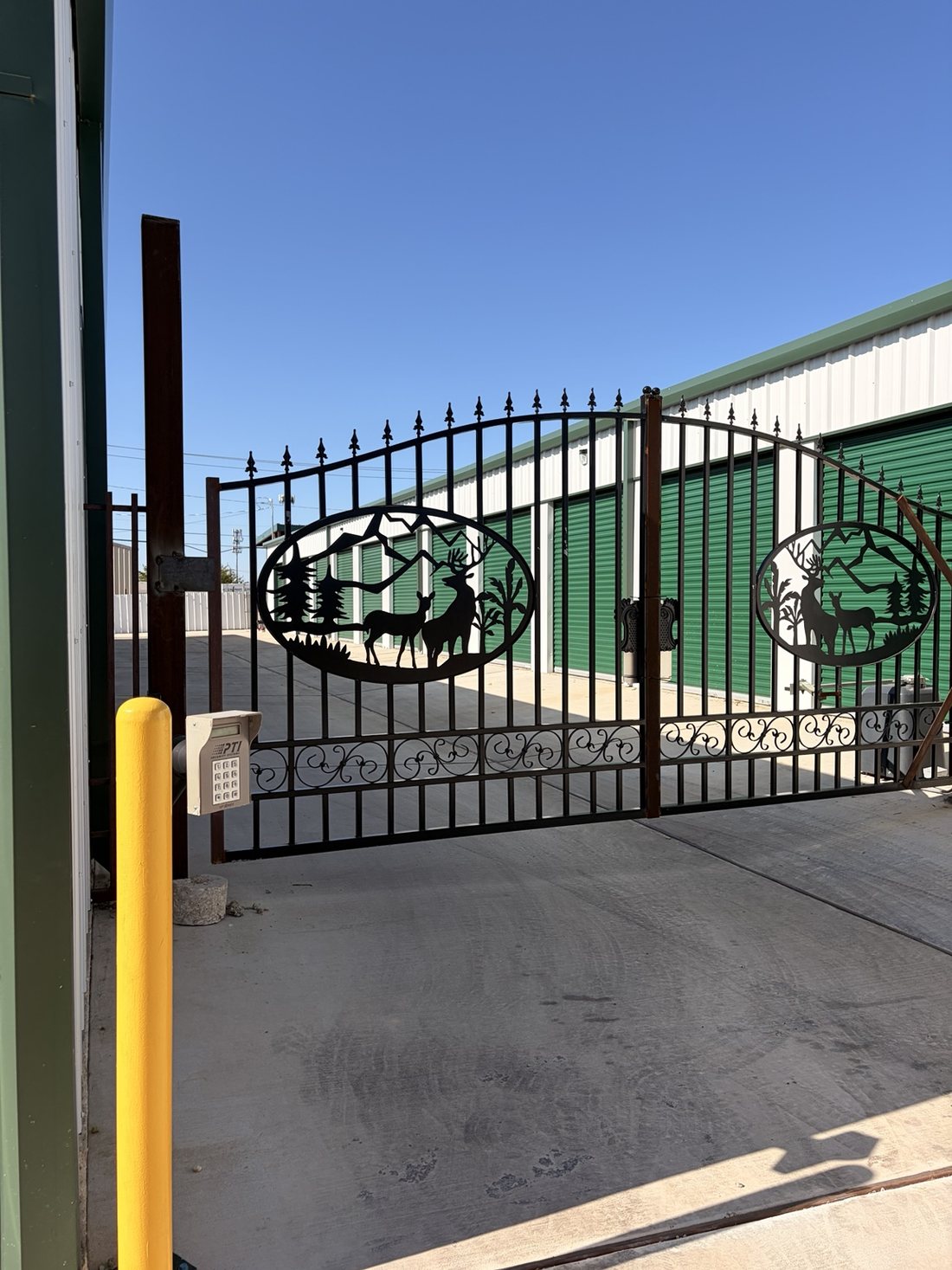 Keypad-controlled entry gate at A-1 Self Storage on W Pafford Street in Fort Worth