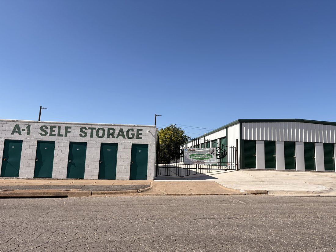 Drive-up storage buildings with wide aisles for contractor access at A-1 Self Storage in Fort Worth