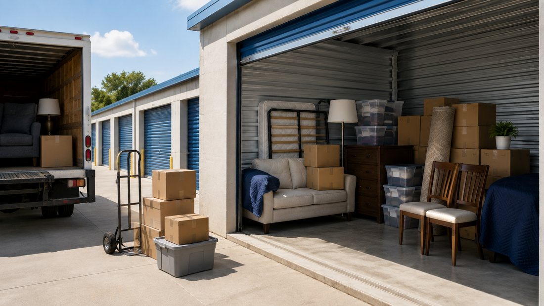 Moving truck parked at an open drive-up storage unit being loaded with boxes and furniture