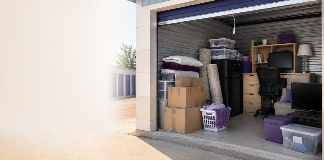 Storage unit packed with boxes, shelving and furniture
